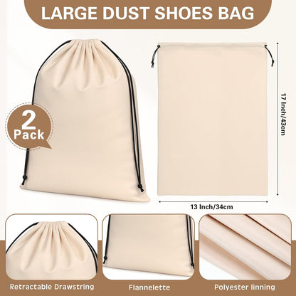 2 Pcs Silky Velvet Shoe Bags for Travel Cloth Dust Pouch with Drawstring Closure Beige Storage Packing V1259-DP01-A-1096