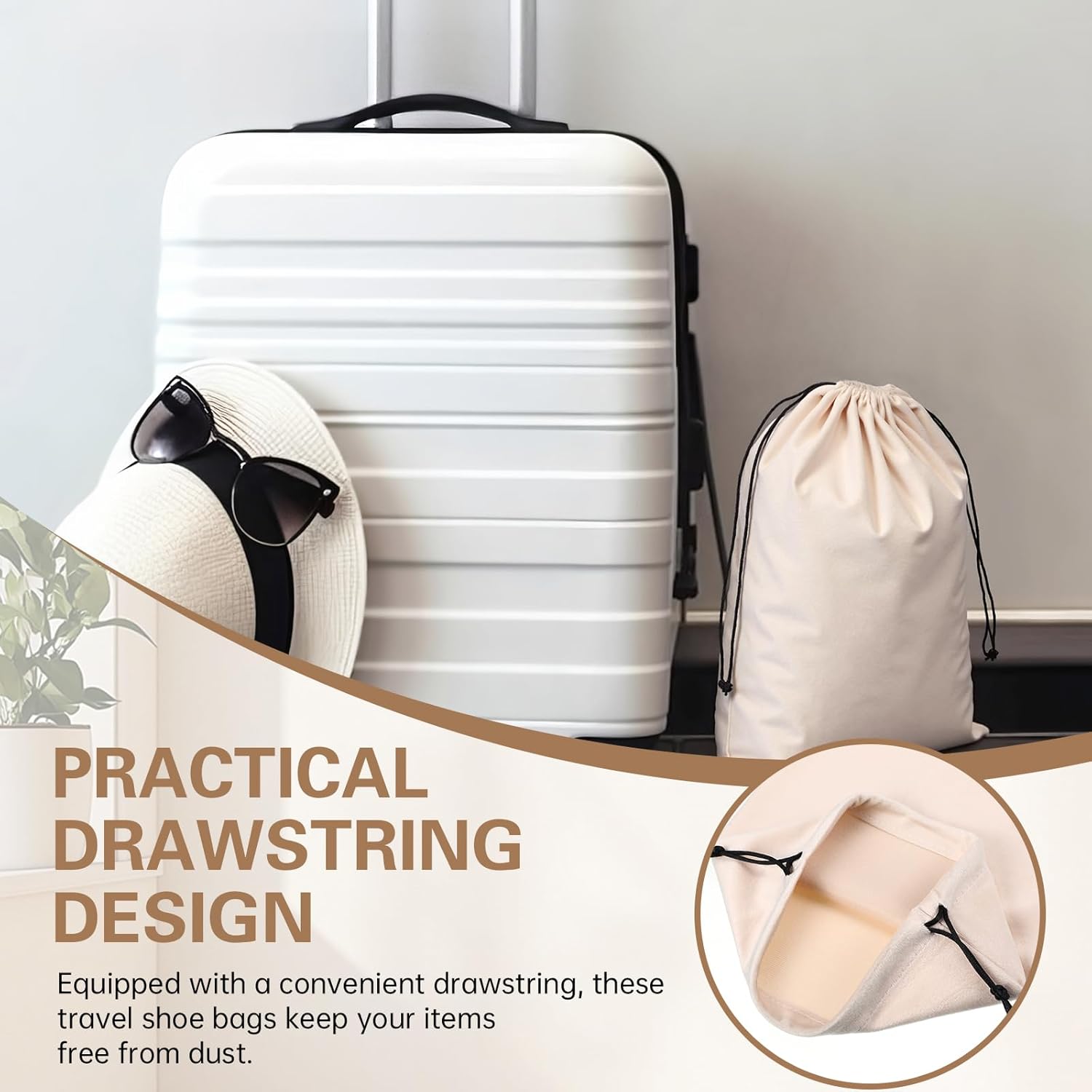 2 Pcs Silky Velvet Shoe Bags for Travel Cloth Dust Pouch with Drawstring Closure Beige Storage Packing V1259-DP01-A-1096