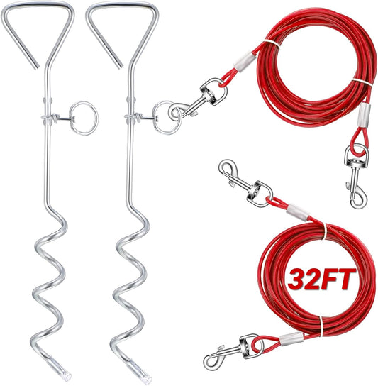 2 Set Dog Tie Out Cable and Stake - 30ft Leash Chain, 16" Spiral for Outside Yard Medium to Large Dogs up 125 V1259-DP01-A-1121