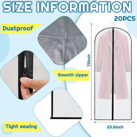 20 Pcs 24 x 72 Inch Garment Bags Bulk Hanging Clothes Storage Covers for Closet Organization Dustproof V1259-DP01-A-1134
