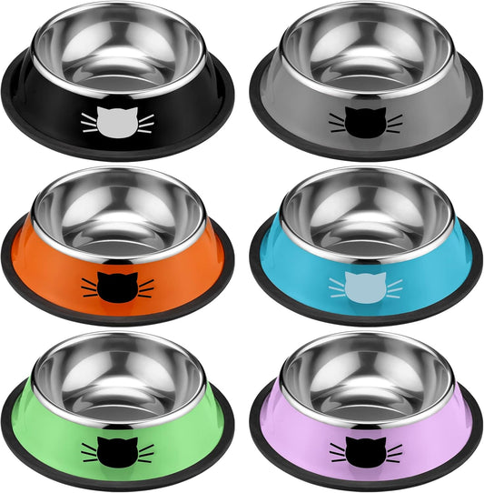 6 Pcs Cat Bowls for Food and Water Dishes Stainless Steel Pet 7 oz Anti Slip Metal Dish with Removable Rubber V1259-DP01-A-1155