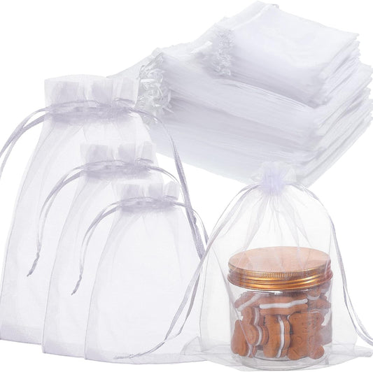 100 Pcs White Organza Bags Bulk Sheer Mesh Gift with Drawstring for Wedding Party Supplies Eid Mubarak Candy V1259-DP01-A-1159