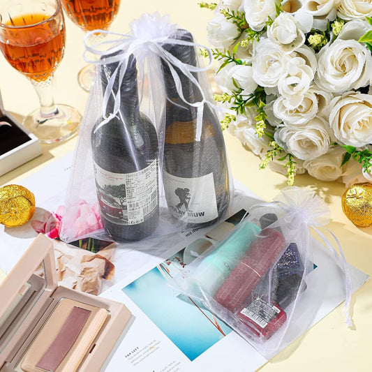 100 Pcs White Organza Bags Bulk Sheer Mesh Gift with Drawstring for Wedding Party Supplies Eid Mubarak Candy V1259-DP01-A-1159