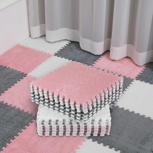 72 Pieces Plush Foam Floor Mat Square Interlocking Carpet Tiles with Border 12 x 0.4 in Fluffy Play Soft V1259-DP01-A-1171