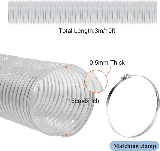 6 Inch, 10 ft Heavy PVC Dust Collection Hose, Flexible Clear Fume Hose with Stainless Steel Wire Coil and V1259-DP01-A-1180