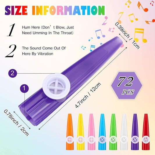 72 Pcs 8 Colors Plastic Kazoos Bulk Kazoo Musical Instruments for Party Favors Music Classroom and Events V1259-DP01-A-1187