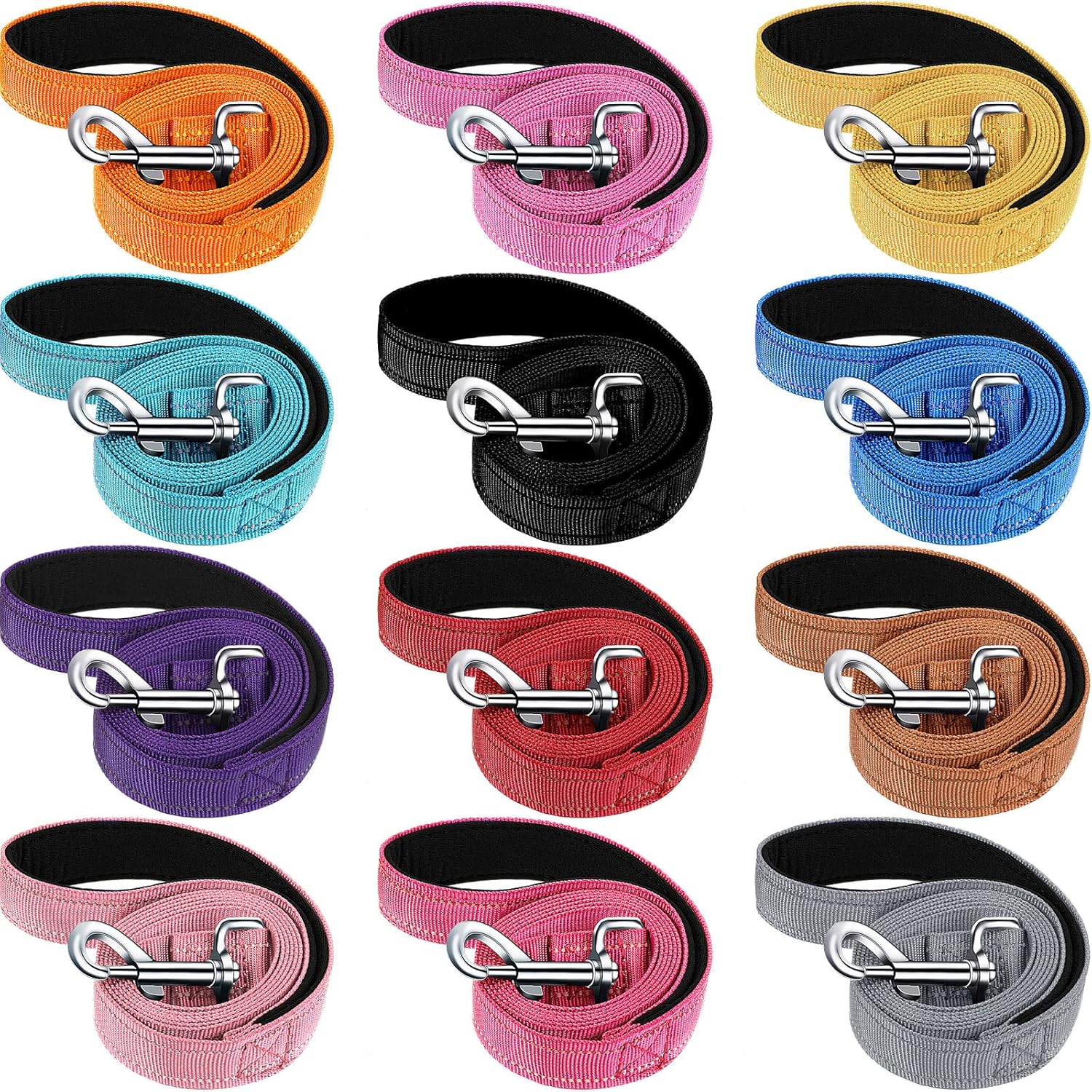 12 Pack Dog Leash Bulk, Double Sided Reflective, Nylon Leashes with Padded Handle for Small, Medium, and V1259-DP01-A-1191