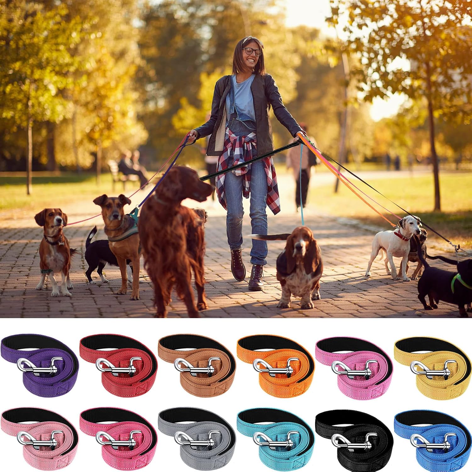 12 Pack Dog Leash Bulk, Double Sided Reflective, Nylon Leashes with Padded Handle for Small, Medium, and V1259-DP01-A-1191