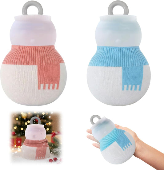 2 Pcs 320 ml Mini Hot Water Bottle with Removable Knitted Cover, Winter Snowman Small Bag Microwave Heating V1259-DP01-A-1199