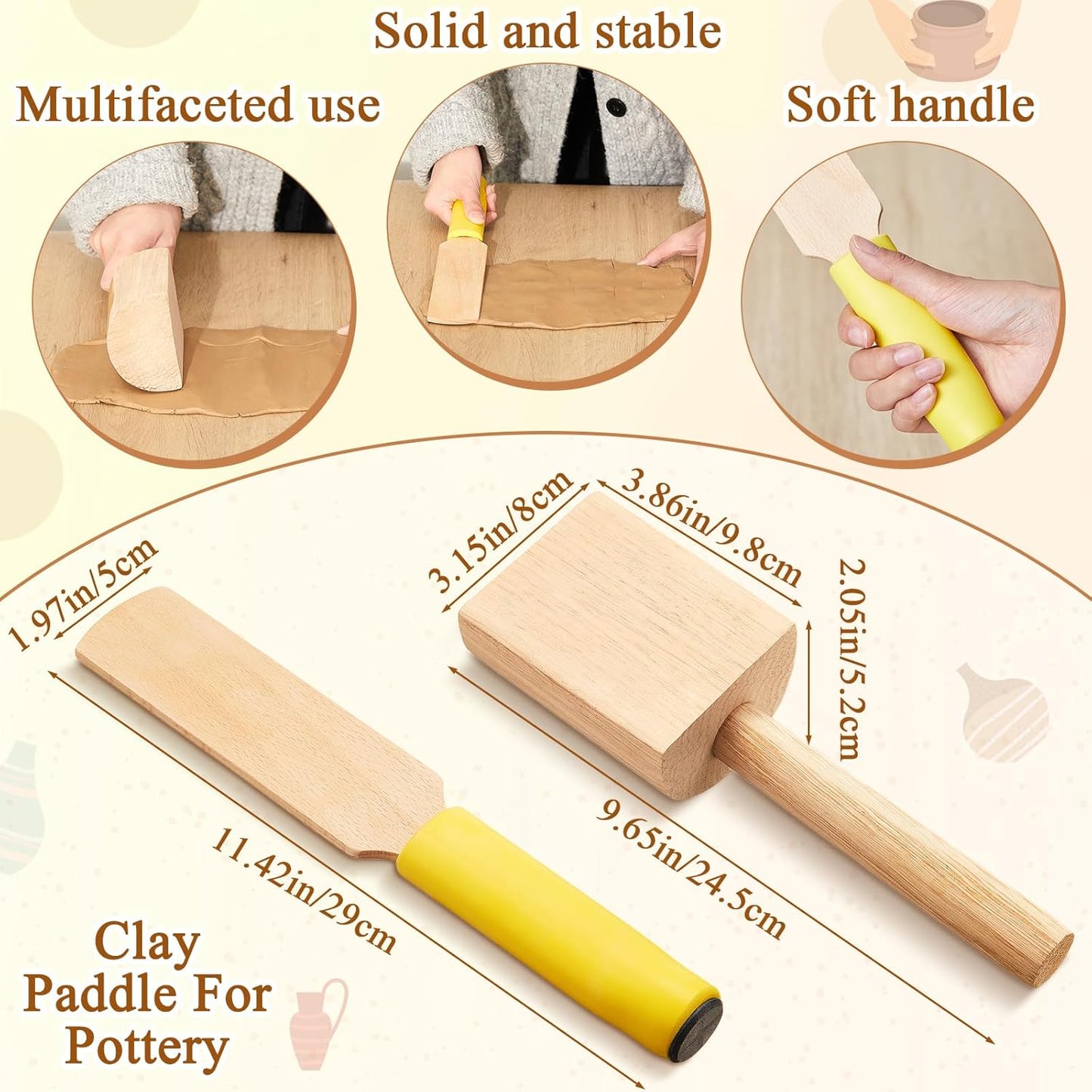 3 Pieces Pottery Clay Tools Set Includes Wooden Paddles Sculpture Pad Bevel Cutter for Angle Cutting Tool V1259-DP01-A-1209