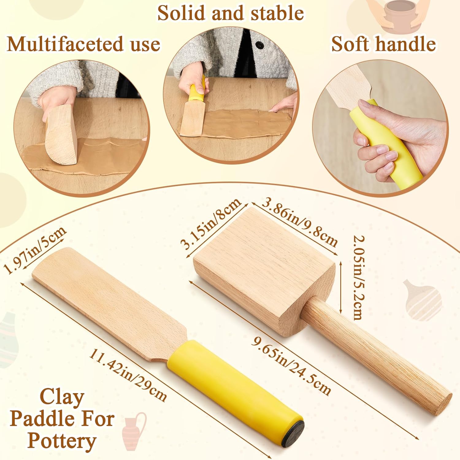 3 Pieces Pottery Clay Tools Set Includes Wooden Paddles Sculpture Pad Bevel Cutter for Angle Cutting Tool V1259-DP01-A-1209