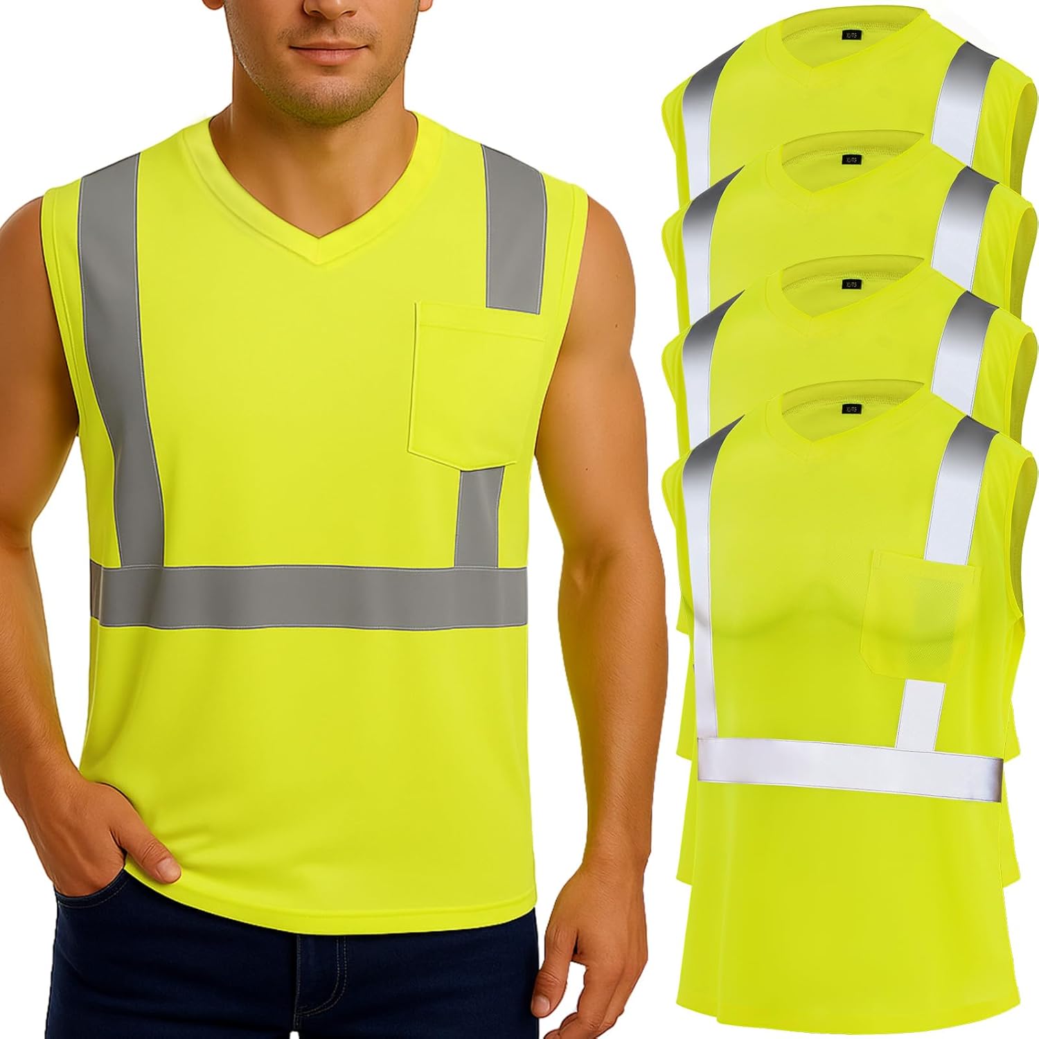 4 Pcs Hi Vis Sleeveless Reflective Shirt for Men Class 2 Construction Work Shirts with Pockets Women Lime V1259-DP01-A-1211