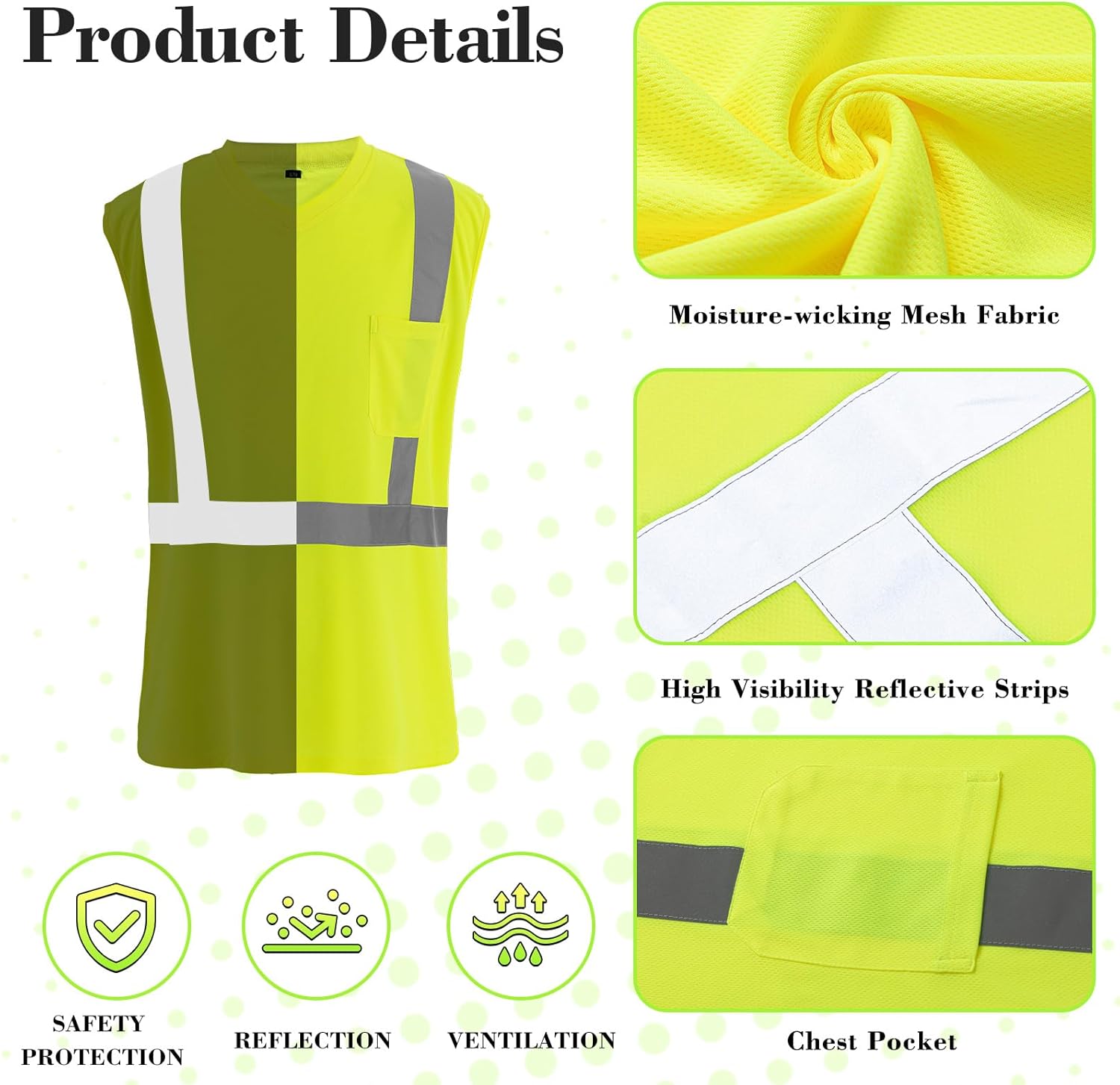 4 Pcs Hi Vis Sleeveless Reflective Shirt for Men Class 2 Construction Work Shirts with Pockets Women Lime V1259-DP01-A-1211