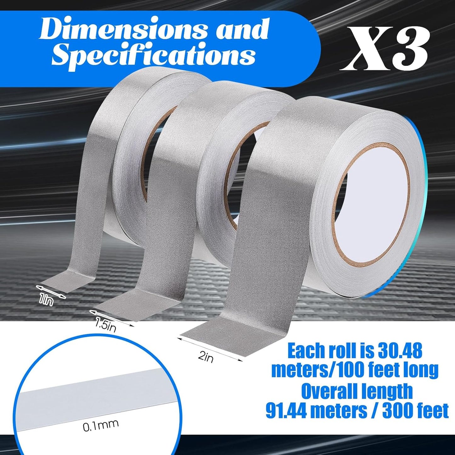 3 Roll Double Conductive Fabric Tape Cloth Adhesive Roll(1in x 100ft, 1.5in 2in 100ft) 1in 100ft V1259-DP01-A-1218