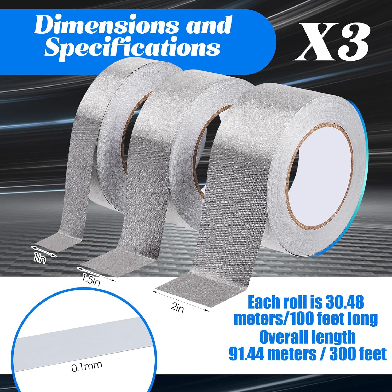 3 Roll Double Conductive Fabric Tape Cloth Adhesive Roll(1in x 100ft, 1.5in 2in 100ft) 1in 100ft V1259-DP01-A-1218