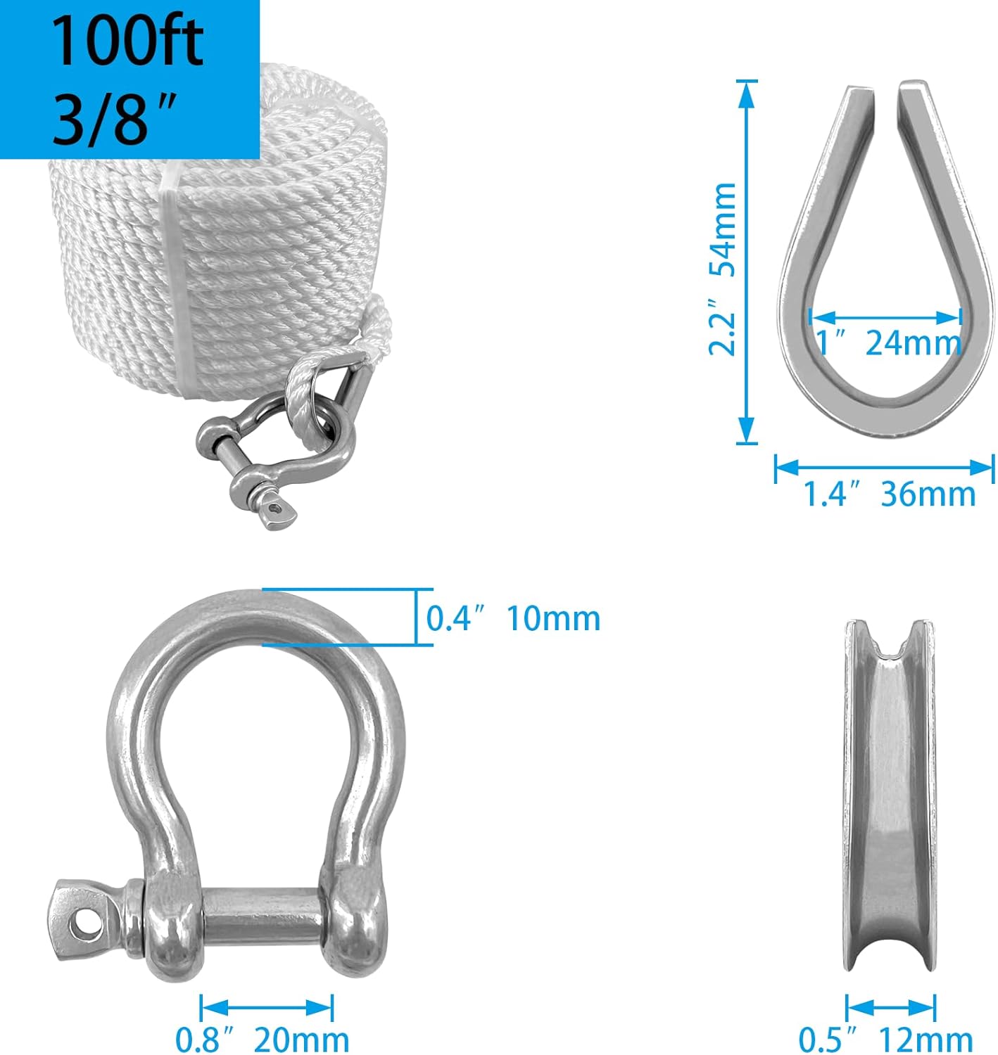 Solid Braid Nylon Anchor Rope (3/8" x 100') Line Boat with Stainless Steel Thimble & Shackle V1259-DP01-A-1291