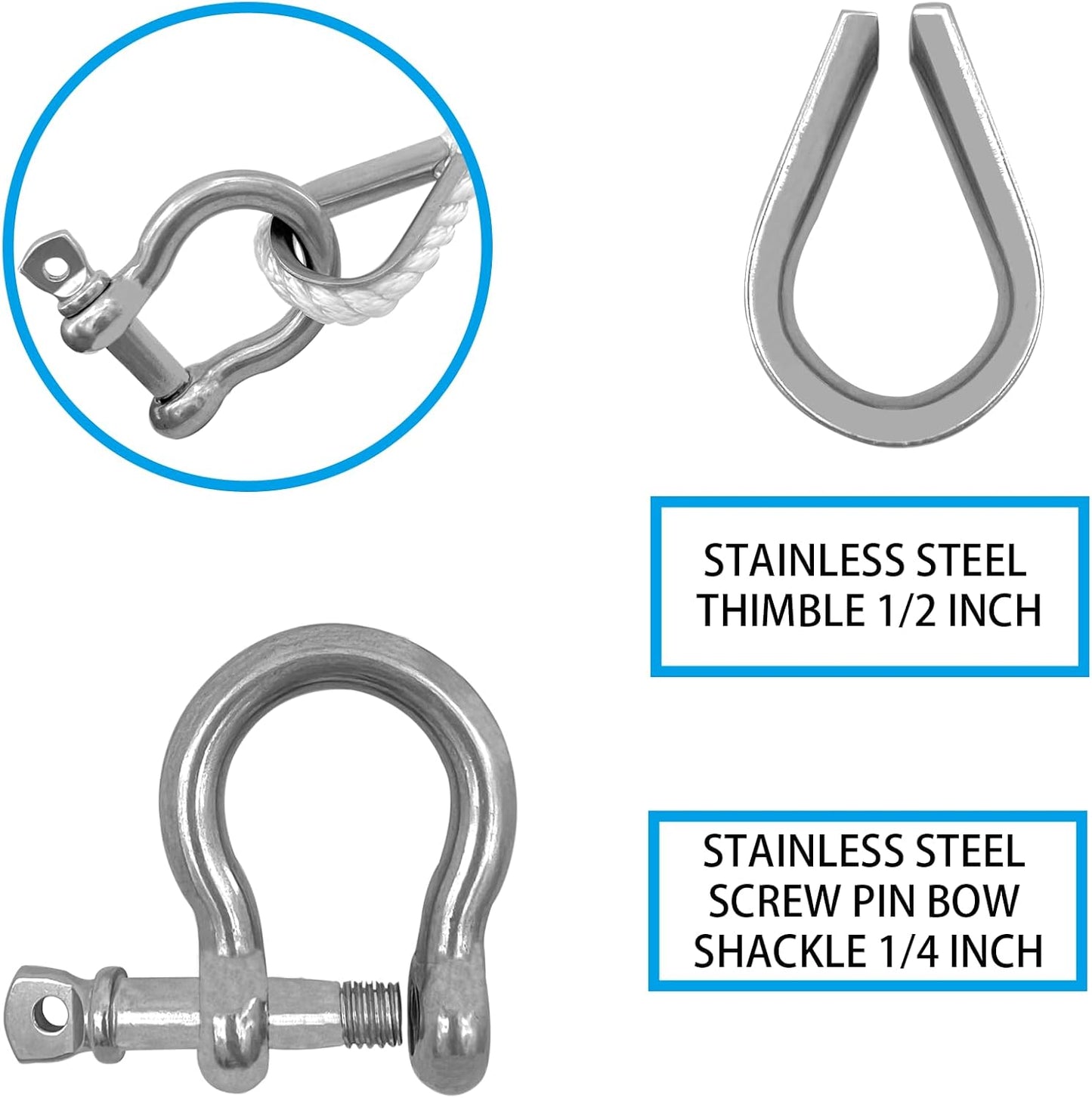 Solid Braid Nylon Anchor Rope (3/8" x 100') Line Boat with Stainless Steel Thimble & Shackle V1259-DP01-A-1291