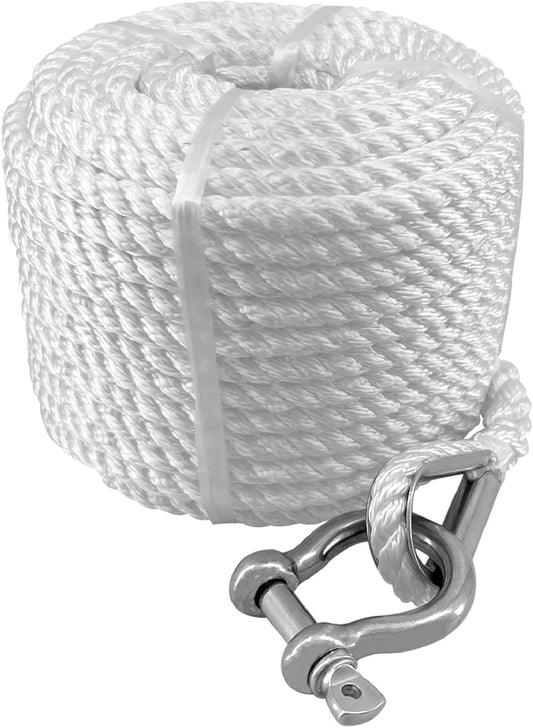 Solid Braid Nylon Marine Anchor Rope 3/8" x 75' White Line Boat with Stainless Steel Thimble & Shackle V1259-DP01-A-1317