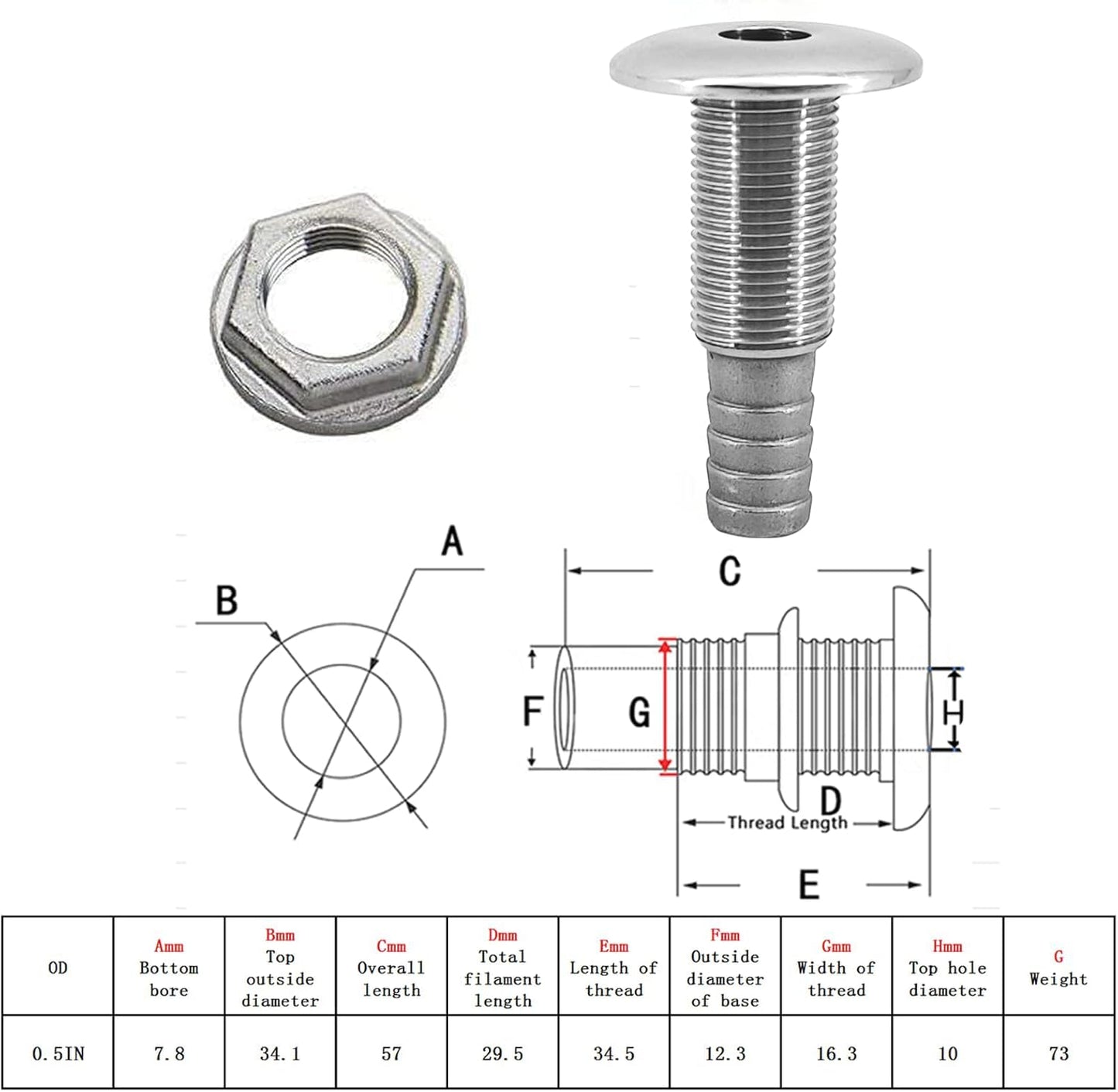 1/2" Stainless Steel Thru-Hull , Barbed Standard Length Straight Fitting Boat Barbed Hose Thru Drain Connector V1259-DP01-A-1348