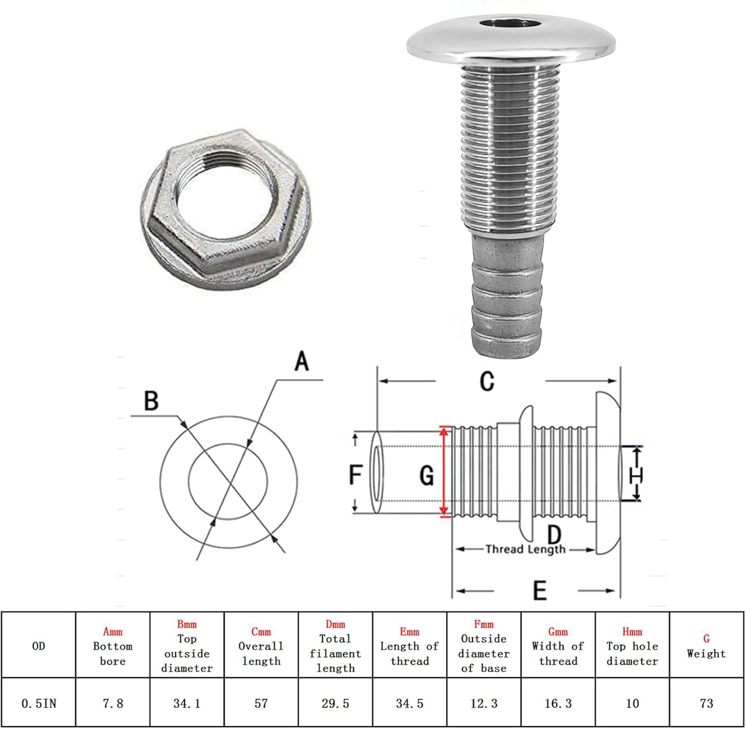 1/2" Stainless Steel Thru-Hull , Barbed Standard Length Straight Fitting Boat Barbed Hose Thru Drain Connector V1259-DP01-A-1348