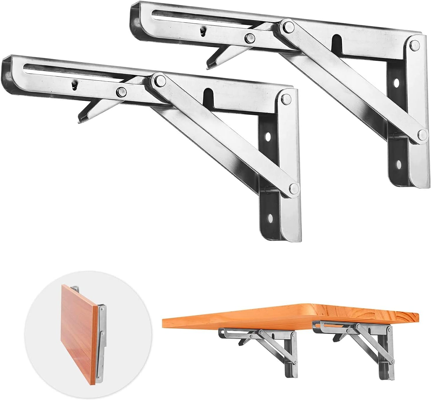 2 PCS Heavy Duty Stainless Steel Folding Shelf Bench Table Bracket, Max Load: 660lb/300kg, Long Release Arm V1259-DP01-A-1367