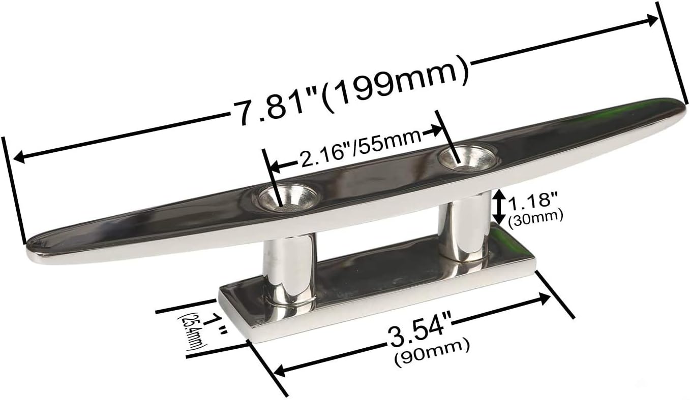 Boat Cleat 8" 316 Stainless Steel Flat Top Low Silhouette Marine Mast V1259-DP01-A-1411