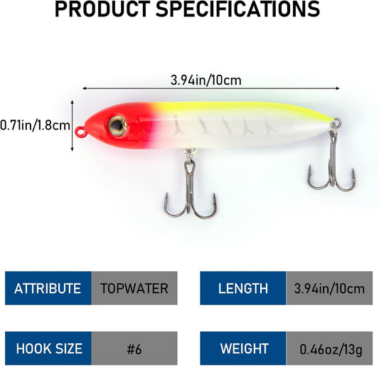 Top Water Fishing Lures Kit for Saltwater and Freshwater, Bass Treble Hooks Hard Baits, Walk-The-Dog Lure Set V1259-DP01-A-1433