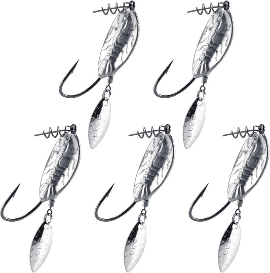 5-Pack Weighted Swimbait Hooks with Underspin, Pin Spring Fishing Hook Willow Spinner Blades Silver Gold, V1259-DP01-A-1472