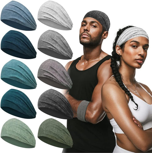 Mens Sports Headbands for Long Hair, Wide Sweat Band Yoga No-Slip, Workout Men and Women, Multicolors 10 PCS V1259-DP01-A-1485
