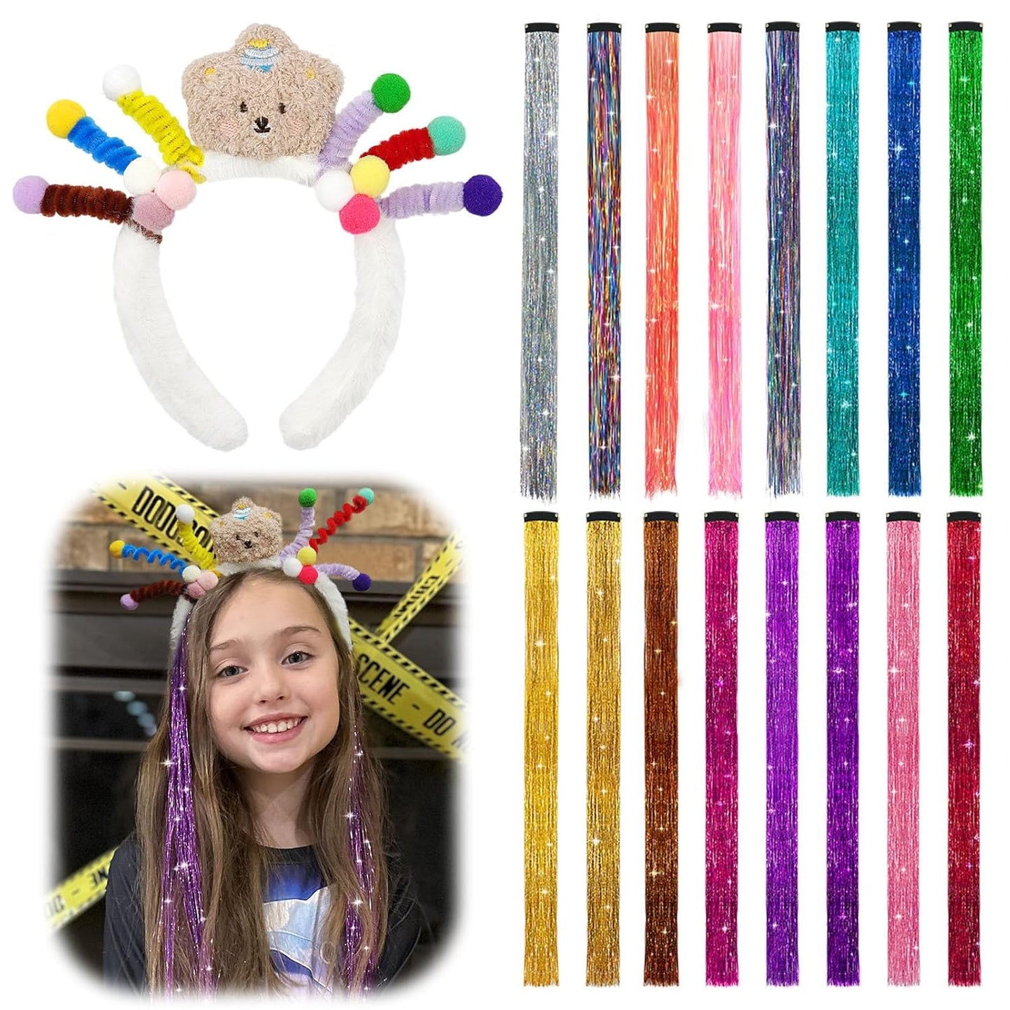 16 PCS Hair Tinsel Extension and 1 PC Halloween Headband V1259-DP01-A-1496
