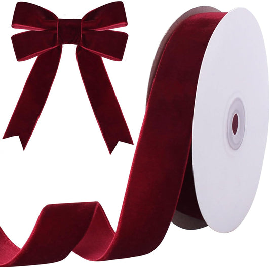 10 Yards Burgundy Velvet Ribbon 1 Inch for Christmas Tree, Dark Red Gift Wrapping Crafts Bow Wreath Holiday V1259-DP01-A-1518