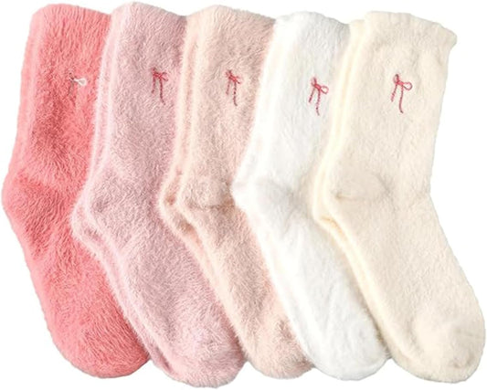 5 Pairs Fluffy Cosy Socks Ladies With Bow, Warm Winter Socks, Thick Furry For Home, Thermal Ladies, Soft Sleep V1259-DP01-A-1543