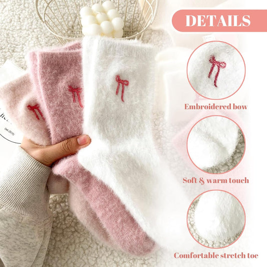 5 Pairs Fluffy Cosy Socks Ladies With Bow, Warm Winter Socks, Thick Furry For Home, Thermal Ladies, Soft Sleep V1259-DP01-A-1543