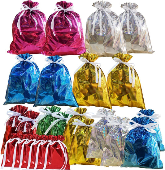 24 Pack Foil Gift Bags Drawstring Solid Color Present Wrapping Bags, 6 Shimmer Multipack Bag, Jumbo Christmas V1259-DP01-A-1559
