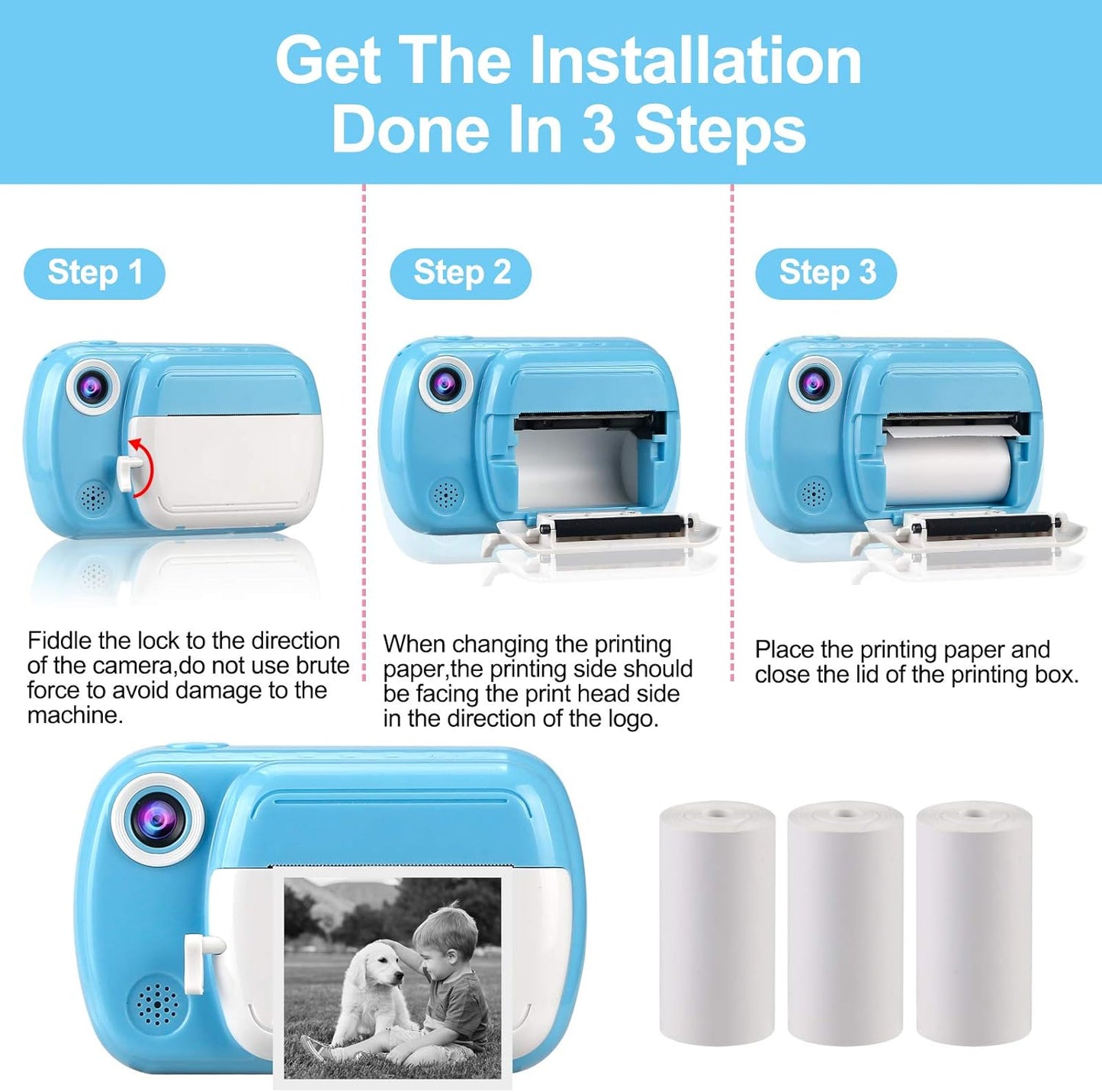 Thermal printing paper refill 5.7*3.0 CM for kids' instant cameras, width 5.7 cm, white, inkless (5 rolls) V1259-DP01-A-1565