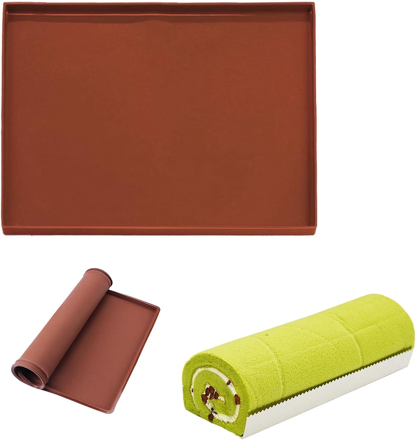 Silicone Sponge Cake Mat 30x40x1cm Swiss Roll Baking Mat for Rolling - Flexible with Rim (Brown) Brown V1259-DP01-A-1566