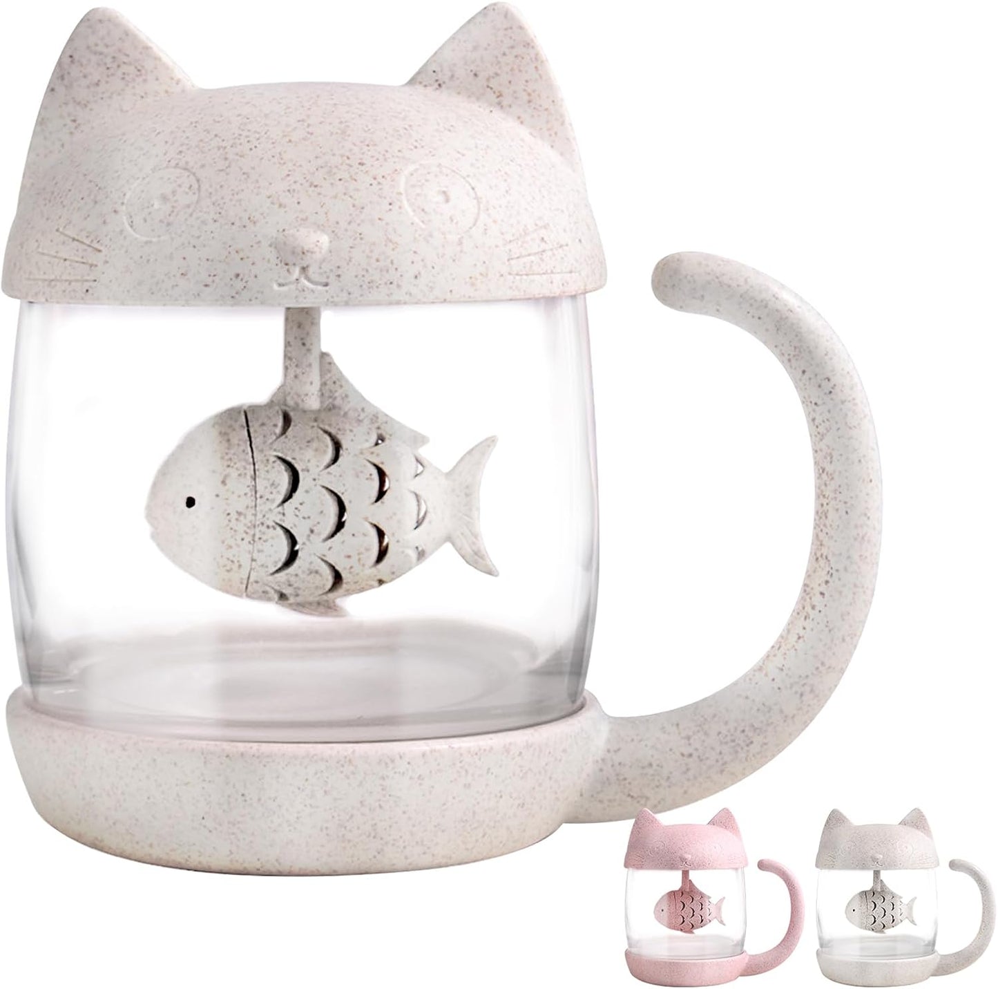 Petluno Glass Cat Teacup, Fish Infuser Water Bottle, 250ML Bulk Strainer White V1259-DP01-A-1573