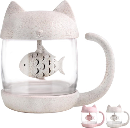 Petluno Glass Cat Teacup, Fish Infuser Water Bottle, 250ML Bulk Strainer White V1259-DP01-A-1573