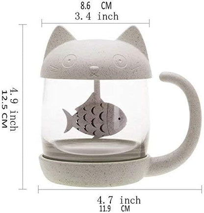 Petluno Glass Cat Teacup, Fish Infuser Water Bottle, 250ML Bulk Strainer White V1259-DP01-A-1573