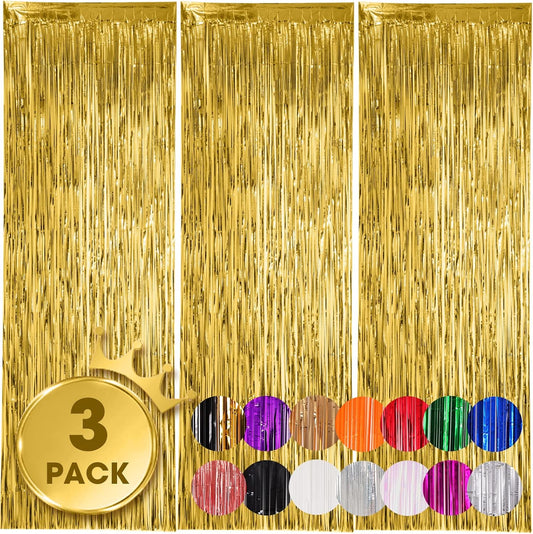 3 Pack 3.3x8.2 Feet Gold Foil Fringe Backdrop Curtains, Tinsel Streamers, for 2025 New Years Eve, Graduation, V1259-DP01-A-1589