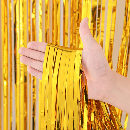 3 Pack 3.3x8.2 Feet Gold Foil Fringe Backdrop Curtains, Tinsel Streamers, for 2025 New Years Eve, Graduation, V1259-DP01-A-1589