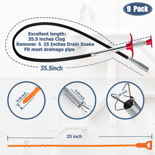 35.5-inch Drain Clog Remover (1 piece), 25-inch Snake Hair Remover (6 pieces) & Cleaning Brush (2 pieces), V1259-DP01-A-1590