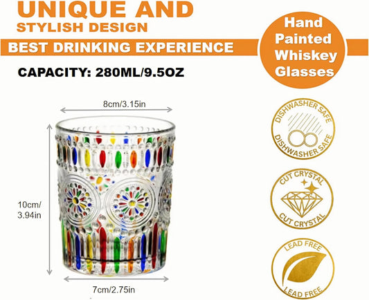 Petluno Hand Painted Stained Glass Whiskey Tumblers, Lead-Free Crystal Colorful Wine Glasses Old Fashioned V1259-DP01-A-1632