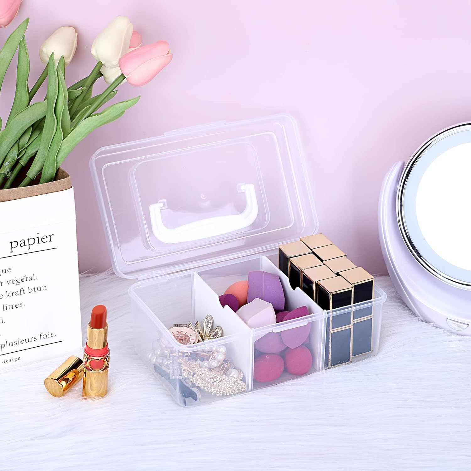 Petluno Clear Stackable Storage Box with Divider Tray, Plastic 3-Compartment Multi-functional Container for V1259-DP01-A-1679