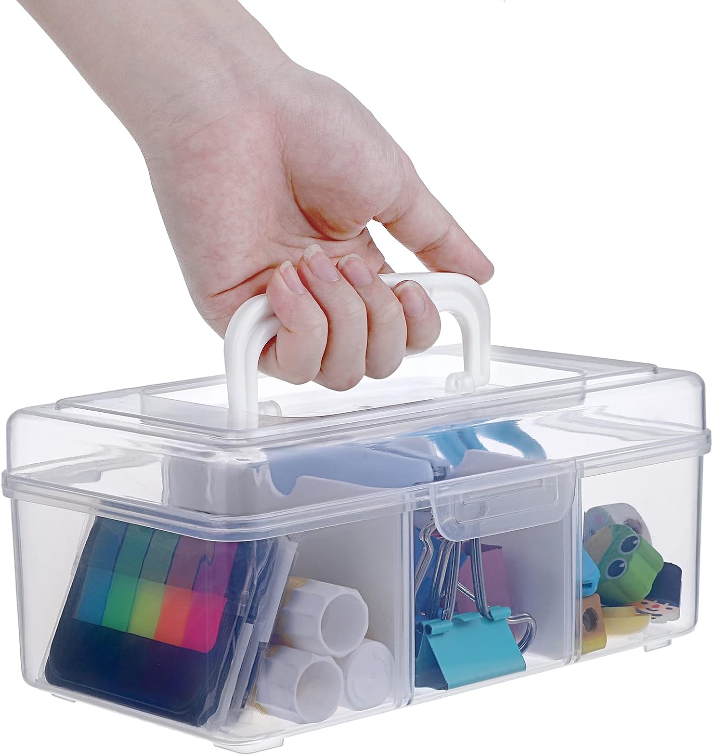 Petluno Clear Stackable Storage Box with Divider Tray, Plastic 3-Compartment Multi-functional Container for V1259-DP01-A-1679