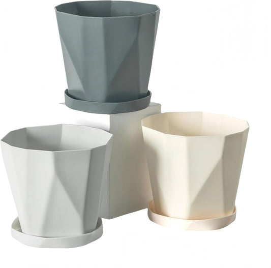 Flower pot, set of 3 flower pots, diameter 13 cm, with plastic saucer, round plant pot, weather-resistant, V1259-DP01-A-1681