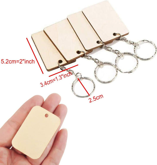 Petluno 100 x Rectangle Unfinished Wooden Planks Pieces of Wood with Holes and Keyrings for Crafting, Labels V1259-DP01-A-1685
