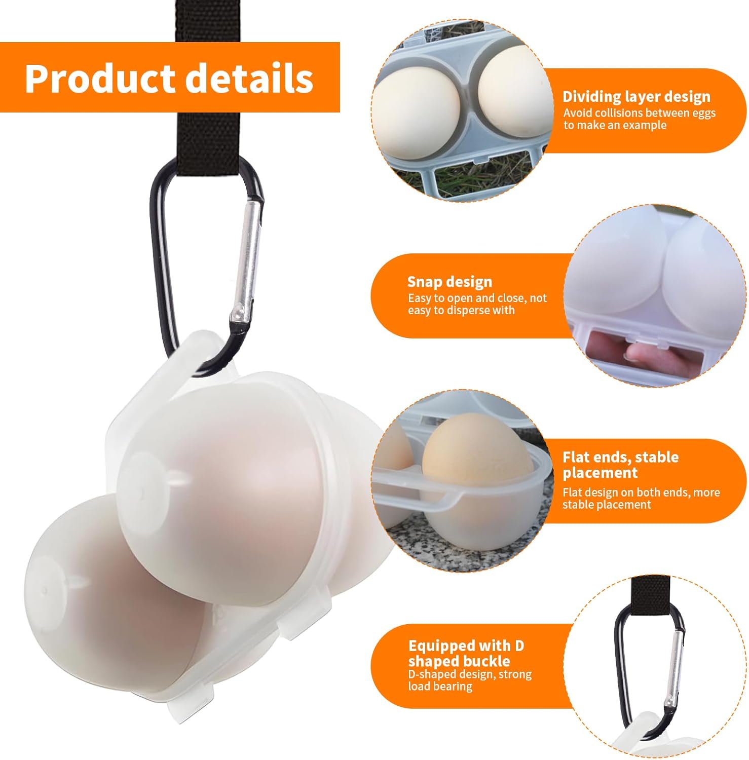 3 pieces egg holders for 2 eggs, egg box, portable egg case with carabiner, egg holder, plastic, transparent, V1259-DP01-A-1686