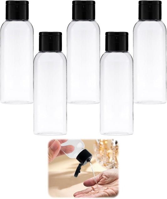 5-piece travel bottle set with flip-cap, 60 ml refillable plastic bottles, empty dispenser for shampoo, V1259-DP01-A-1700