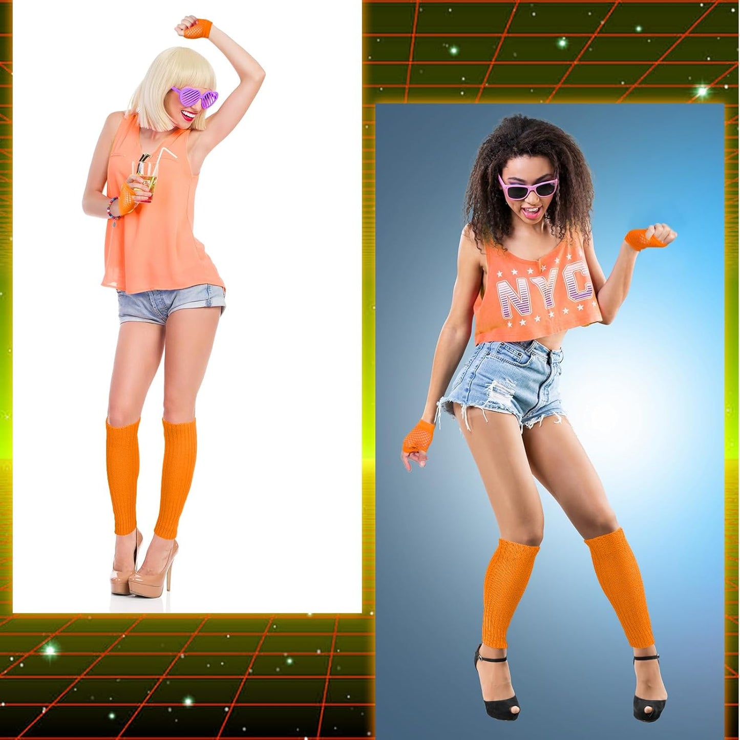 Petluno Elastic Neon Leg Warmers and Fingerless Gloves, 80s Set, Costume Accessory (Orange), Orange, One Size V1259-DP01-A-1711